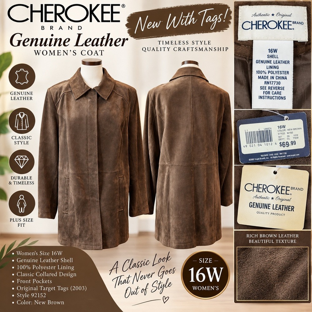 Cherokee Brand Womens 16W Genuine Leather Coat Brown Suede Collared Jacket 92152